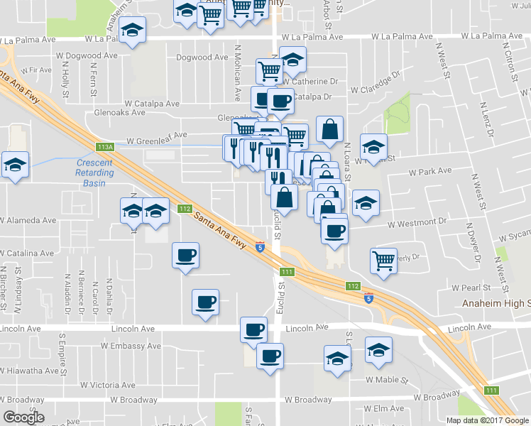 map of restaurants, bars, coffee shops, grocery stores, and more near 506 North Fairhaven Street in Anaheim