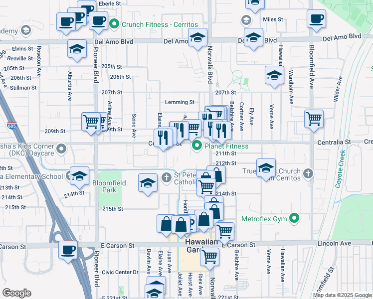 map of restaurants, bars, coffee shops, grocery stores, and more near 12102 Centralia Street in Hawaiian Gardens