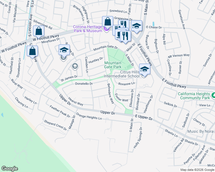 map of restaurants, bars, coffee shops, grocery stores, and more near 435 Rembrandt Drive in Corona