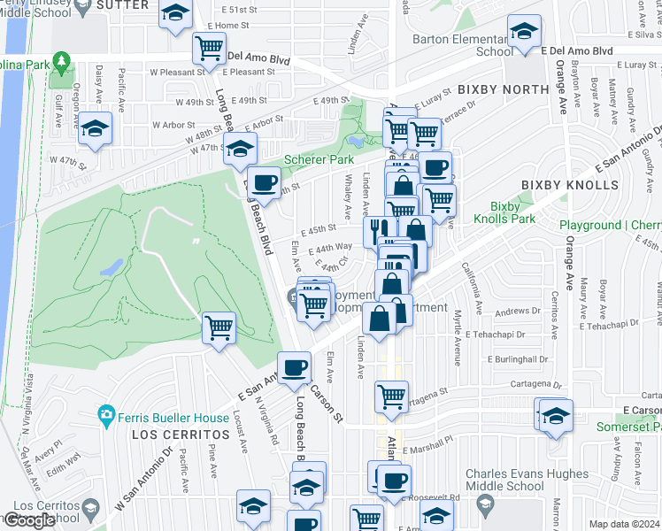 map of restaurants, bars, coffee shops, grocery stores, and more near 441 East 44th Circle in Long Beach