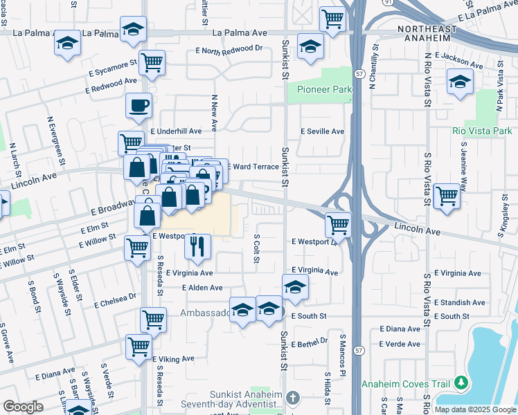 map of restaurants, bars, coffee shops, grocery stores, and more near 2440 East Agave Street in Anaheim
