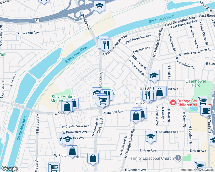 map of restaurants, bars, coffee shops, grocery stores, and more near 242 East Paddle Wheel Circle in Orange