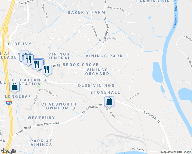 map of restaurants, bars, coffee shops, grocery stores, and more near 2700 Vinings Orchard Circle Southeast in Atlanta