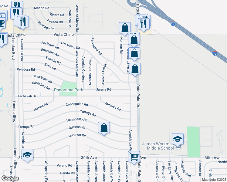 map of restaurants, bars, coffee shops, grocery stores, and more near 68810 Jarana Road in Cathedral City
