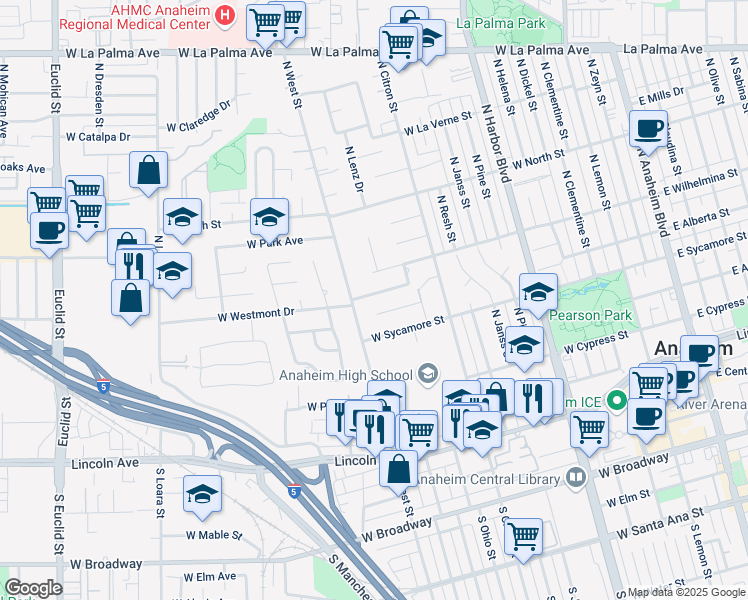 map of restaurants, bars, coffee shops, grocery stores, and more near 1006 West Pioneer Drive in Anaheim