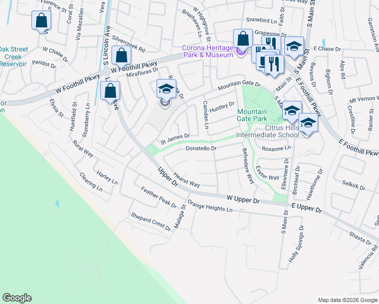map of restaurants, bars, coffee shops, grocery stores, and more near 712 Donatello Drive in Corona