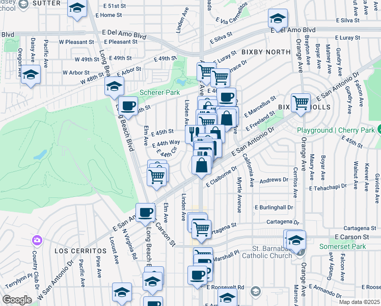 map of restaurants, bars, coffee shops, grocery stores, and more near 4461 Linden Avenue in Long Beach