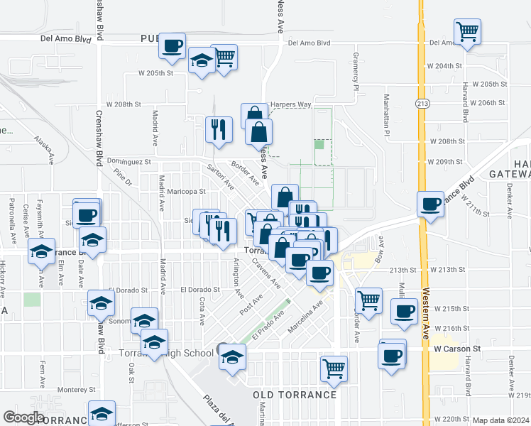 map of restaurants, bars, coffee shops, grocery stores, and more near 841 Van Ness Avenue in Torrance