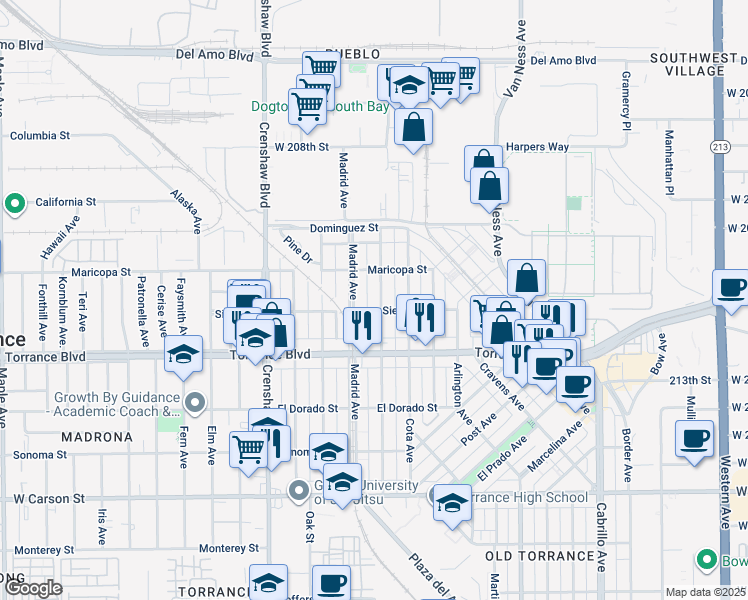 map of restaurants, bars, coffee shops, grocery stores, and more near 824 Madrid Avenue in Torrance