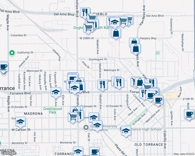 map of restaurants, bars, coffee shops, grocery stores, and more near 824 Acacia Avenue in Torrance