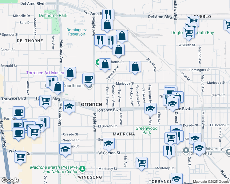 map of restaurants, bars, coffee shops, grocery stores, and more near 902 Teri Avenue in Torrance