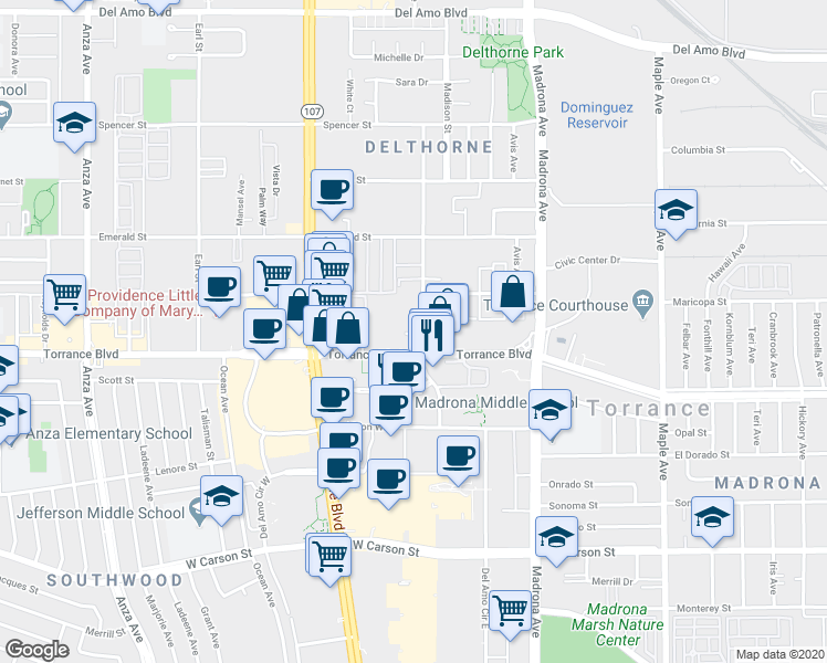 map of restaurants, bars, coffee shops, grocery stores, and more near 21107 Amie Avenue in Torrance