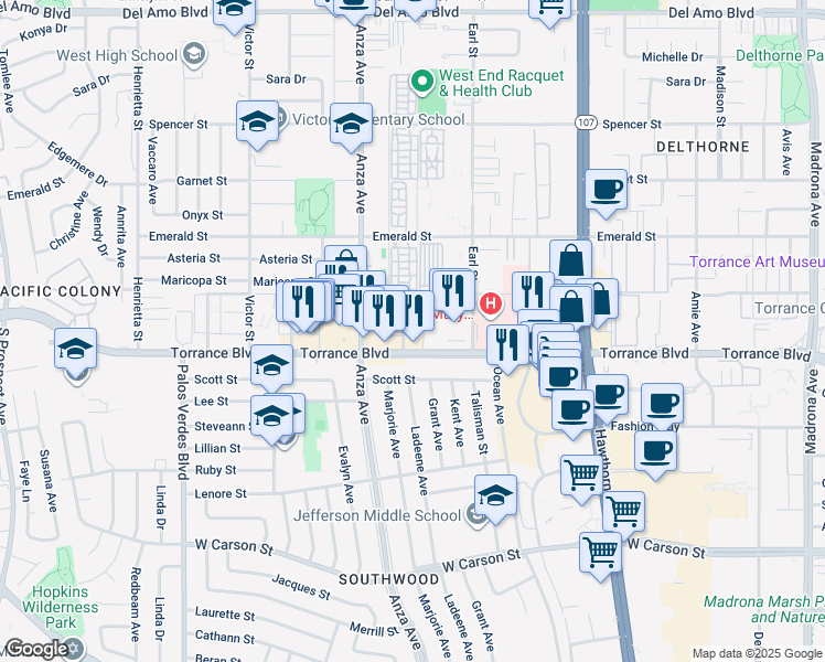map of restaurants, bars, coffee shops, grocery stores, and more near 21104 Ladeene Avenue in Torrance