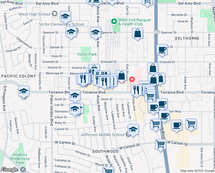 map of restaurants, bars, coffee shops, grocery stores, and more near 21104 Ladeene Avenue in Torrance