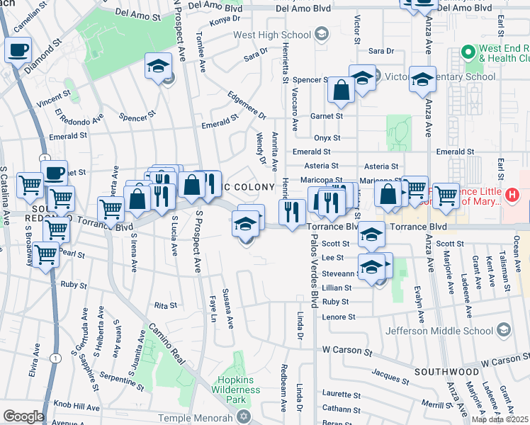 map of restaurants, bars, coffee shops, grocery stores, and more near 5481 Torrance Boulevard in Torrance