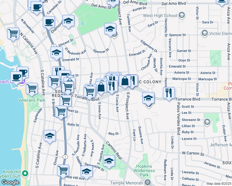map of restaurants, bars, coffee shops, grocery stores, and more near 851 Torrance Boulevard in Redondo Beach