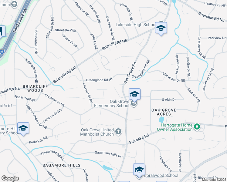 map of restaurants, bars, coffee shops, grocery stores, and more near 2478 Oak Grove Estates Northeast in Atlanta