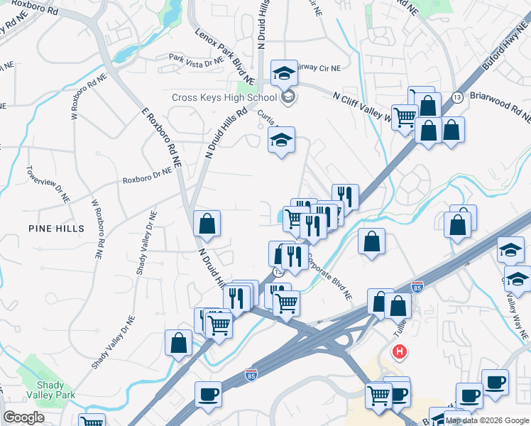 map of restaurants, bars, coffee shops, grocery stores, and more near 1291 Keys Lake Drive Northeast in Atlanta