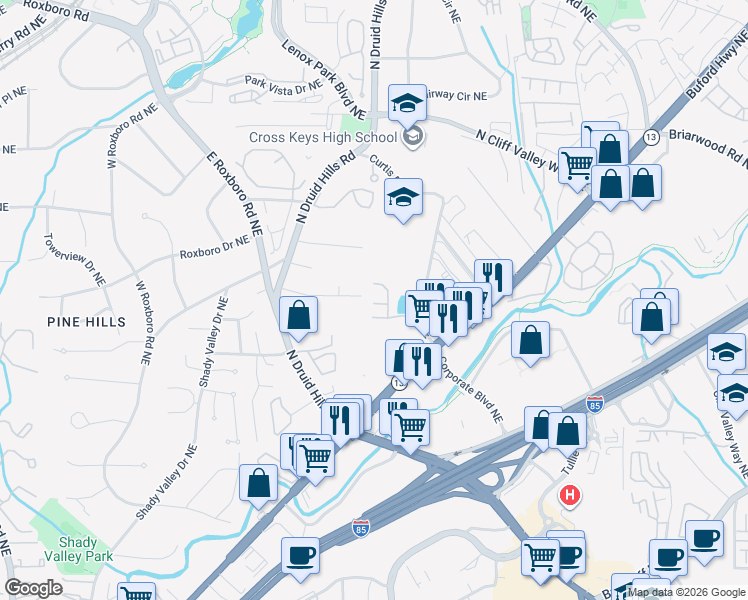 map of restaurants, bars, coffee shops, grocery stores, and more near 1299 Keys Lake Drive Northeast in Atlanta