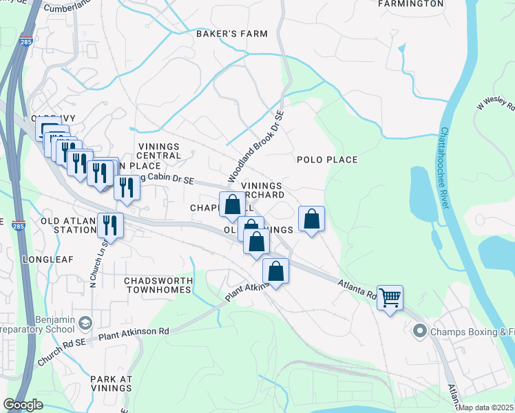 map of restaurants, bars, coffee shops, grocery stores, and more near 2700 Vinings Orchard Circle Southeast in Atlanta