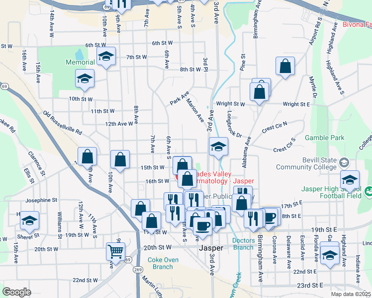 map of restaurants, bars, coffee shops, grocery stores, and more near 400 14th Street West in Jasper