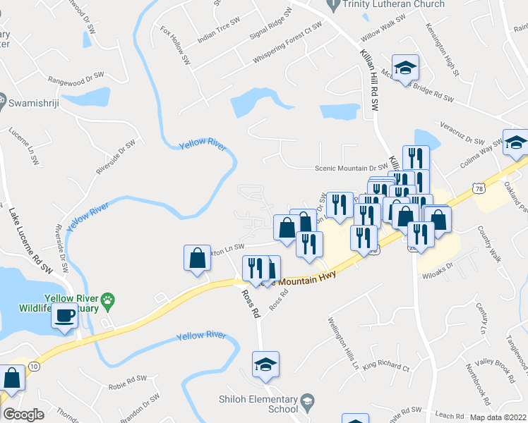 map of restaurants, bars, coffee shops, grocery stores, and more near 4305 Paxton Lane SouthWest in Lilburn