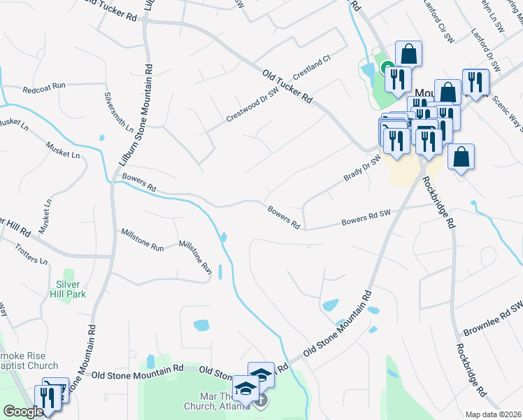 map of restaurants, bars, coffee shops, grocery stores, and more near 6063 Bowers Road in Stone Mountain
