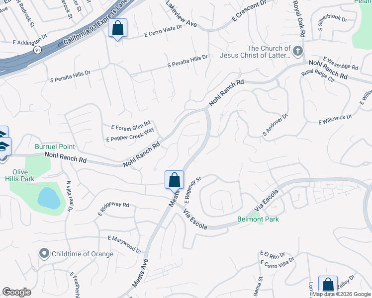map of restaurants, bars, coffee shops, grocery stores, and more near 698 South Gentry Lane in Anaheim