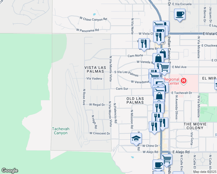 map of restaurants, bars, coffee shops, grocery stores, and more near 1101 North Via Monte Vista in Palm Springs