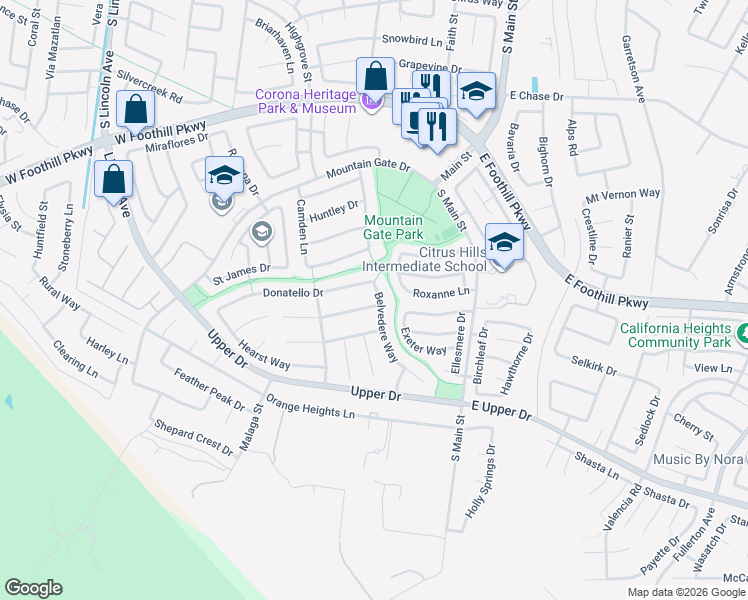 map of restaurants, bars, coffee shops, grocery stores, and more near 435 Rembrandt Drive in Corona