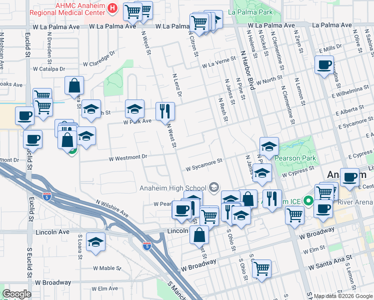 map of restaurants, bars, coffee shops, grocery stores, and more near 1006 West Pioneer Drive in Anaheim