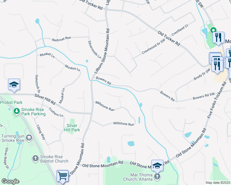 map of restaurants, bars, coffee shops, grocery stores, and more near 5912 Millstone Lane in Stone Mountain