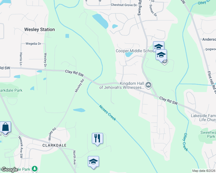 map of restaurants, bars, coffee shops, grocery stores, and more near 3253 Clay Road Southwest in Austell