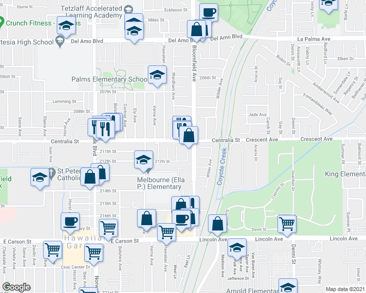 map of restaurants, bars, coffee shops, grocery stores, and more near 12550 Centralia Street in Lakewood