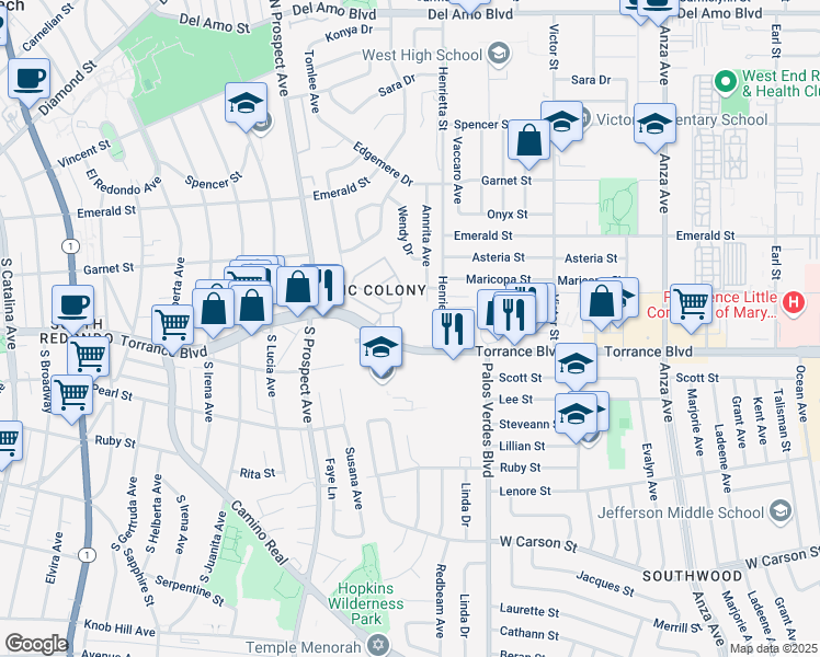 map of restaurants, bars, coffee shops, grocery stores, and more near 5481 Torrance Boulevard in Torrance