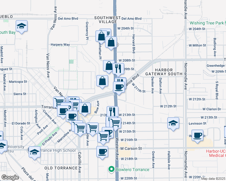 map of restaurants, bars, coffee shops, grocery stores, and more near 21061 Torrance Boulevard in Torrance