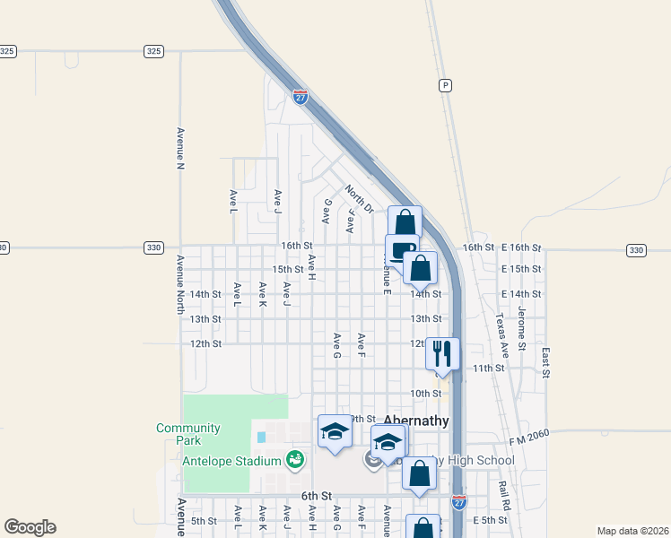 map of restaurants, bars, coffee shops, grocery stores, and more near 702 15th Street in Abernathy