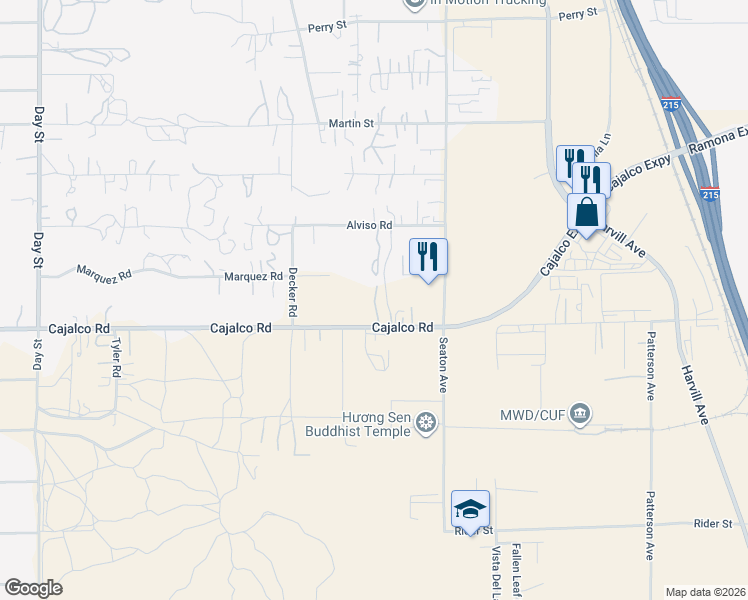 map of restaurants, bars, coffee shops, grocery stores, and more near 22810 Cajalco Road in Perris