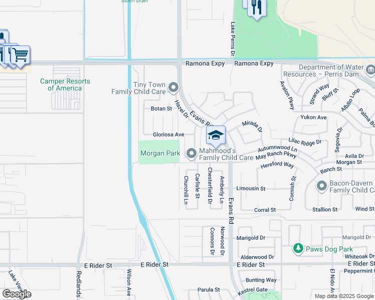 map of restaurants, bars, coffee shops, grocery stores, and more near 3641 Ginger Street in Perris