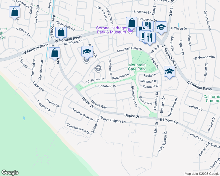 map of restaurants, bars, coffee shops, grocery stores, and more near 668 Donatello Drive in Corona