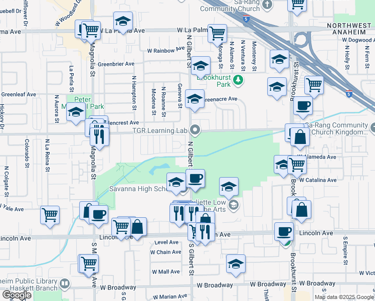 map of restaurants, bars, coffee shops, grocery stores, and more near 519 North Gilbert Street in Anaheim