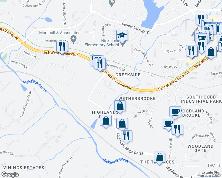 map of restaurants, bars, coffee shops, grocery stores, and more near Highlands Ridge Place in Smyrna