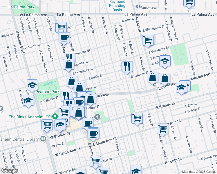 map of restaurants, bars, coffee shops, grocery stores, and more near 485 East Chartres Street in Anaheim