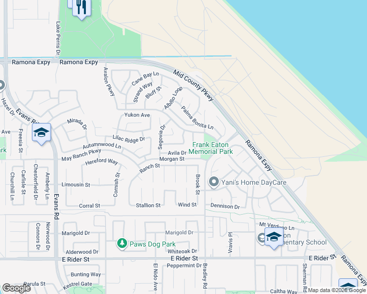 map of restaurants, bars, coffee shops, grocery stores, and more near 1479 Granada Way in Perris