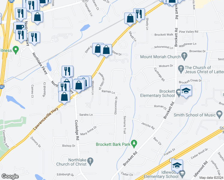 map of restaurants, bars, coffee shops, grocery stores, and more near 3816 Ramah Lane in Tucker