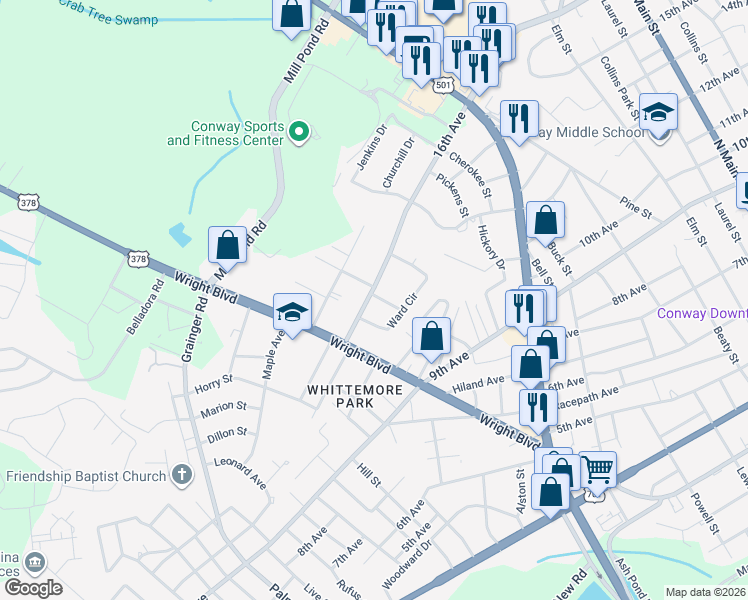 map of restaurants, bars, coffee shops, grocery stores, and more near 1511 Dewitt Avenue in Conway