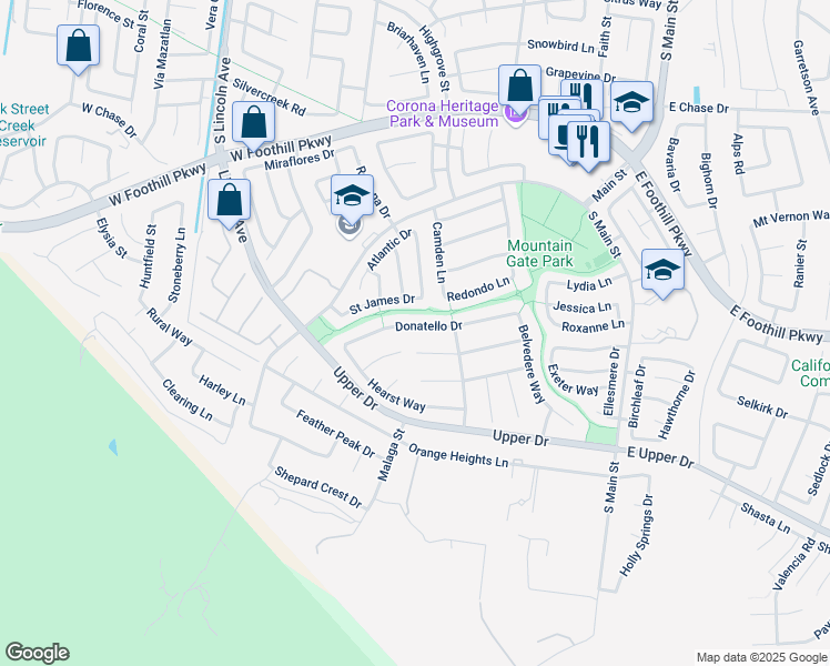 map of restaurants, bars, coffee shops, grocery stores, and more near 712 Donatello Drive in Corona