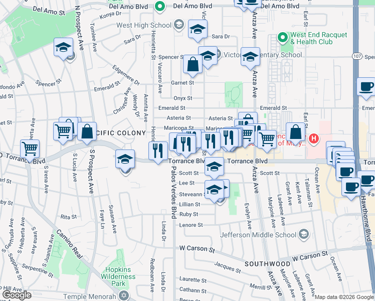 map of restaurants, bars, coffee shops, grocery stores, and more near 21104 Wood Avenue in Torrance