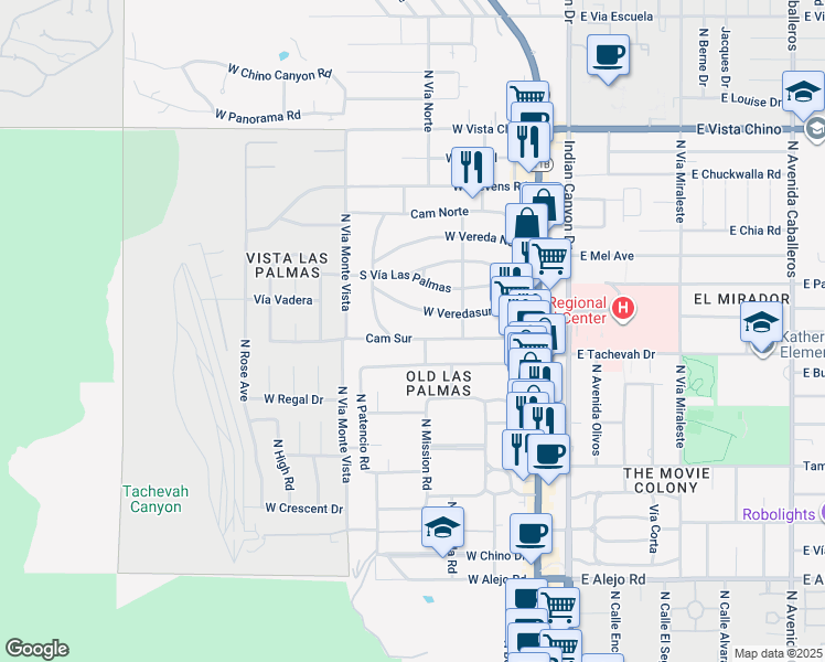 map of restaurants, bars, coffee shops, grocery stores, and more near 466 Camino Sur in Palm Springs