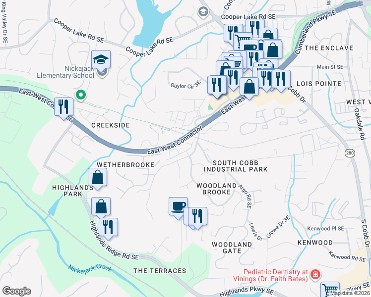 map of restaurants, bars, coffee shops, grocery stores, and more near 4781 Highside Way Southeast in Smyrna